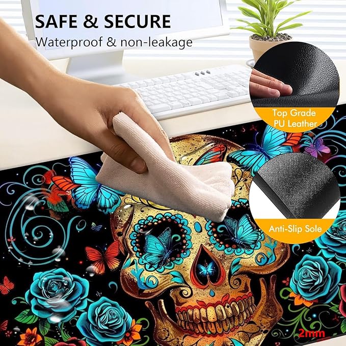 Heated Mouse Pad with 3 Levels Heated & 3 Hours Auto Shut-Off Mouse Pad for Warming Hands in Office Home, 31.5" x 13"Large Safe Desk Mat Hand Warmer，Skull Butterfly Blue Rose