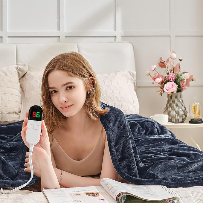 Heated Blanket Queen 84"×90" - Premium Cosy Soft Electric Blanket with 6 Heating Levels,Dual Control Fast Heating Flannel Sherpa Blanket for Bed & Couch,Auto Shut Off/Machine Washable (Navy Blue)