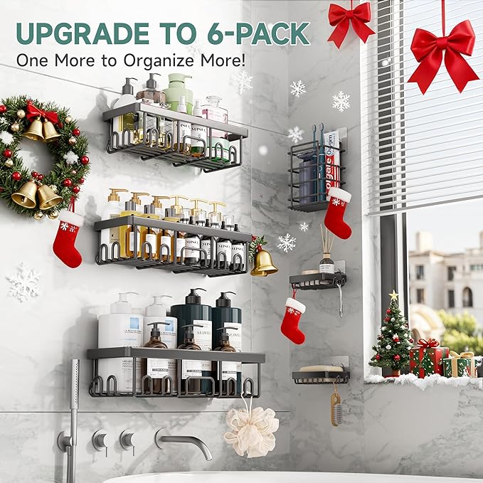 Veken Shower Caddy 6-Pack, Advanced Rustproof Design, No Drilling Adhesive Shelves, Rack with Soap Holder, Large Capacity Bathroom Organizers and Storage, Wall-Mounted Kitchen & Home Decor