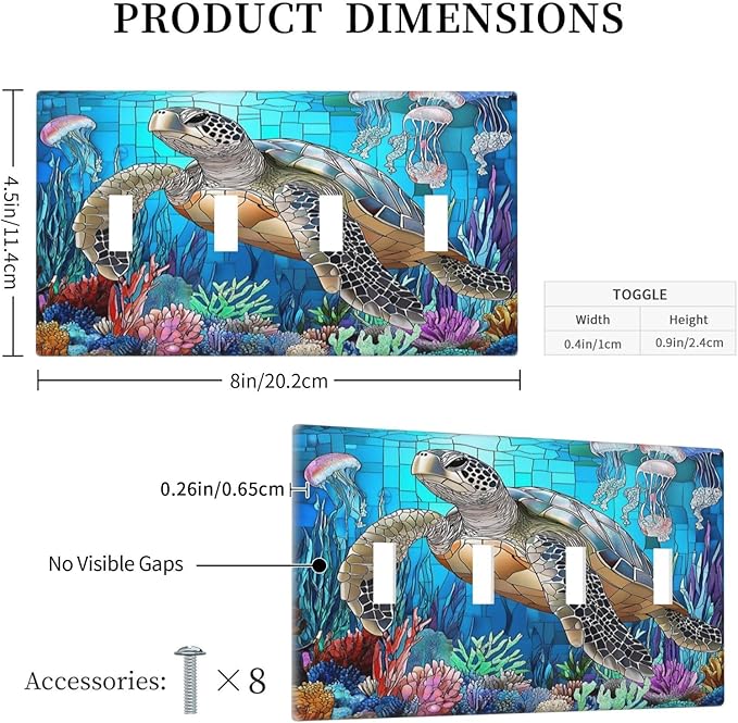 Light Switch Covers Nautical Sea Turtle Coral Jellyfish Quad Toggle Electrical Faceplate 4 Gang Wall Plate Decorative Switch Plates For Kids Room Nursery Decor