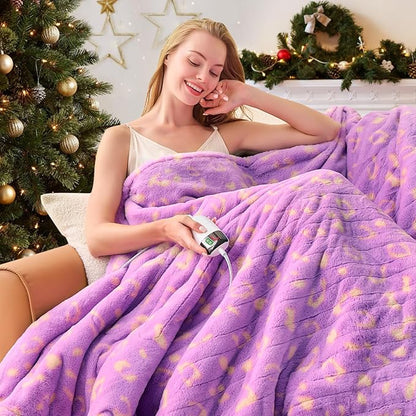 Leopard Print Heated Electric Blanket Throw,50X60 Purple Heating Blanket with 10 Heats Levels & 8 Hours Auto Off,Cute Cheetah Soft Fleece Sherpa Blankets Warmer Gifts for Women Washable