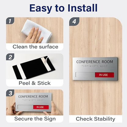 Conference Room Office Door Signs Do Not Disturb, In Use/Available Slider Sign with Raised Text & Grade 2 Braille, Conference Vacant Occupied Sign Brushed Aluminum/Silver