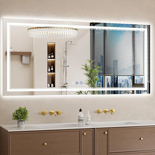 28"x60" LED Bathroom Mirror with Lights, Anti-Fog, Backlit + Front Lit, Dimmable, Led Vanity Mirror for Wall, Lighted Bathroom Mirror, 3 Colors, Shatter-Proof Tempered Glass