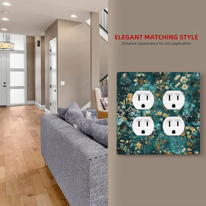 Outlet Covers Green Leaf Floral Boho Golden Flower Plant 2 Gang Double Duplex Decorative Light Switch Covers Electrical Wallplates Socket Faceplate For Bed Room Cabin Decor