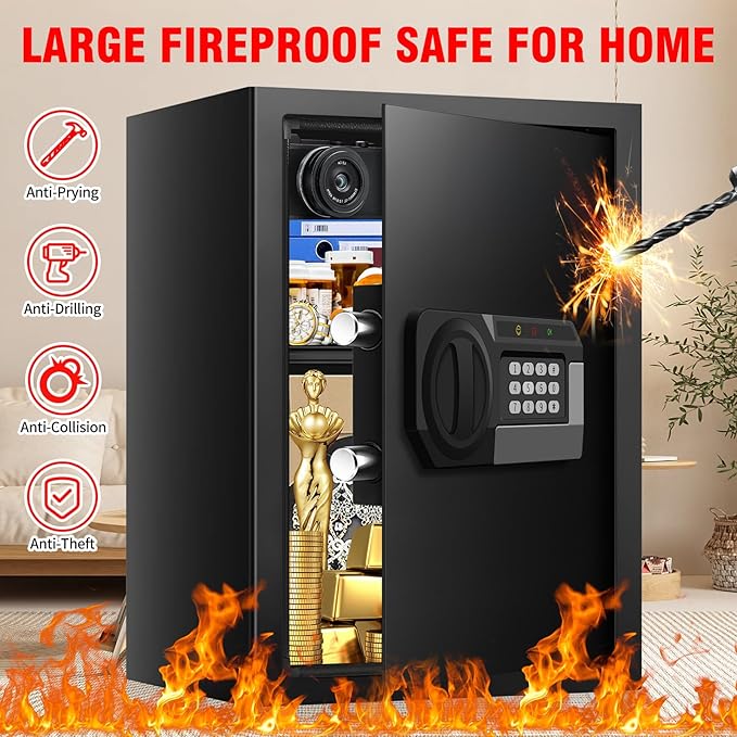3.2 Cubic Feet Large Safes for Home Use Fire and Water Proof, Anti-Theft Digital Security Safe Box With Programmable Keypad & Spare Keys, Home Safes Water and Fireproof for Documents Money Valuables