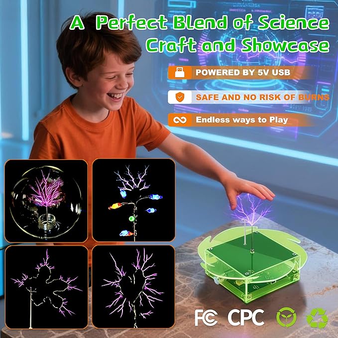 eUda+ STEM Tesla Lightning Kit – Easy DIY Electronic Science Kit – Perfect Christmas STEM Gift for Kids – Fun Hands-On Learning & Building Toy (Soldering Version, Rectangular-Fluorescent Green)