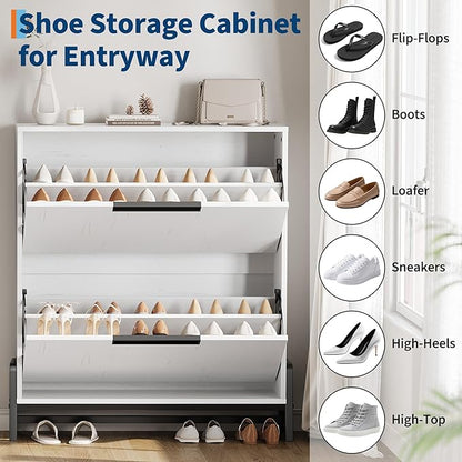 CABIHOME Shoe Storage Cabinet with 2 Flip Drawers, Freestanding Shoe Organizer with Metal Legs, Adjustable Shelf Narrow Shoe Rack Cabinet for Entryway, Hallway, Living Room, White