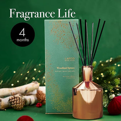 LAFCO New York Holiday Reed Diffuser, Woodland Spruce - 6 oz - Up to 3 Months Fragrance Life - Reusable Glass Vessel - Natural Wood Reeds - Made in The USA