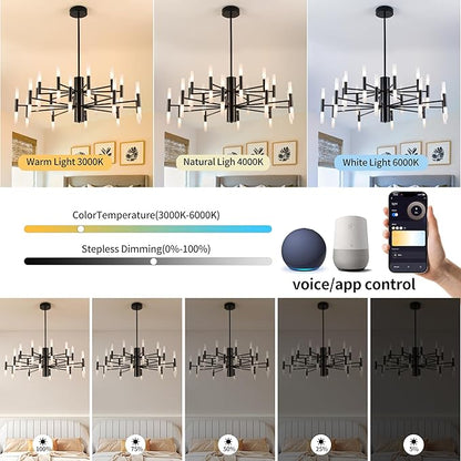 Modern Sputnik Chandelier Mid Century Black Chandeliers for Dining Room Living Room Kitchen Bedroom Support APP Voice Control Dimmable Smart LED Light Fixture(GB1337YY40-BK)