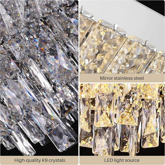 Elegant LED Crystal Raindrop Ceiling Light, 24 in Square Flush Mount Chandelier with Remote for Living Room Kitchen Island Bedroom Hallway Entryway Foyer (Dimmable)