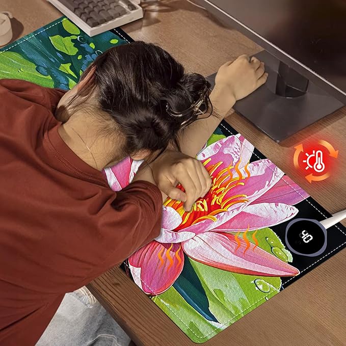 Heated Mouse Pad, Warm Desk Pad, Keyboard Mat 31.5 x 13 Inch Large Size Intelligent Fast Heating, 3 Speed Adjustable, Timed Auto Power Off for Game Office Home,Lotus Flower