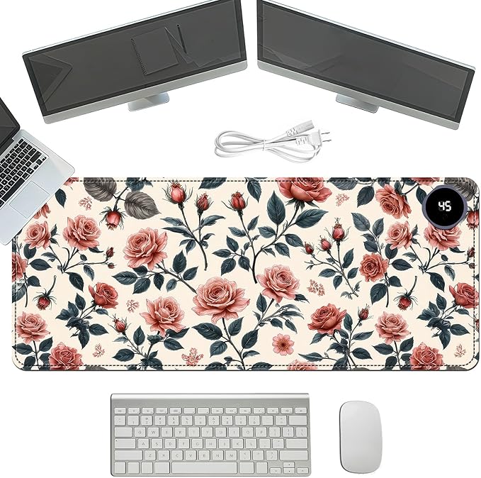 Heated Mouse Pad with 3 Temperature Settings(104°F–122°F),Large 31.5x13 Inch PU Leather Heated Desk Mat,Waterproof Warming Pad for Office,Gaming & Cold Hands Relief,Retro Flowers