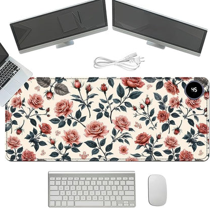 Heated Mouse Pad with 3 Temperature Settings(104°F–122°F),Large 31.5x13 Inch PU Leather Heated Desk Mat,Waterproof Warming Pad for Office,Gaming & Cold Hands Relief,Retro Flowers
