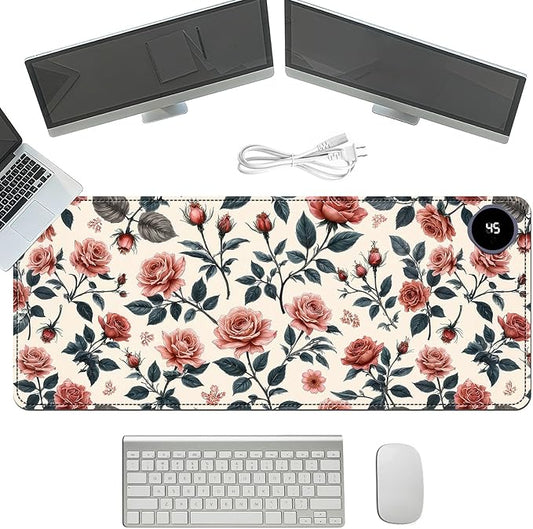 Heated Mouse Pad with 3 Temperature Settings(104°F–122°F),Large 31.5x13 Inch PU Leather Heated Desk Mat,Waterproof Warming Pad for Office,Gaming & Cold Hands Relief,Retro Flowers