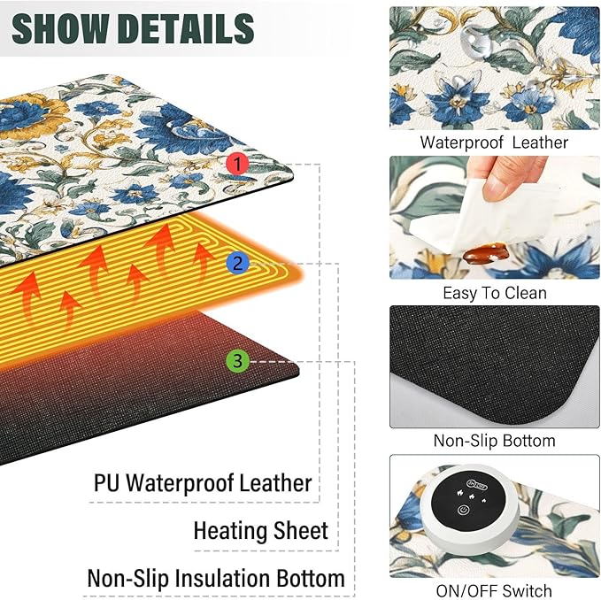 Heated Desk Pad Mouse Pad 31.5x13 Inch PU Leather Desk Mat with 3 Heat Levels Large Mouse Gaming Computer Laptop Mat Royal Floral Blue and Yellow Tile