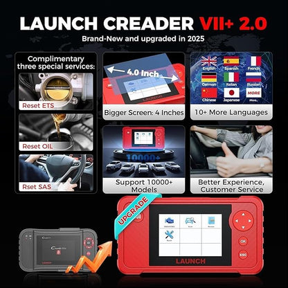 LAUNCH Creader VII+ V2.0 OBD2 Scanner, 2026 New Engine/Transmission/ABS/SRS Diagnostic Scan Tool With Oil Reset/Throttle Adaption/SAS Relearn, Check Engine Code Reader, Full OBD2, Lifetime Free Update