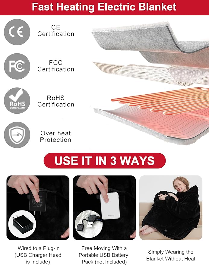 KFUBUO Heated Electric Wearable Blanket Throw Battery Operated Portable USB Cordless Outdoor Hoodie Sweatshirt