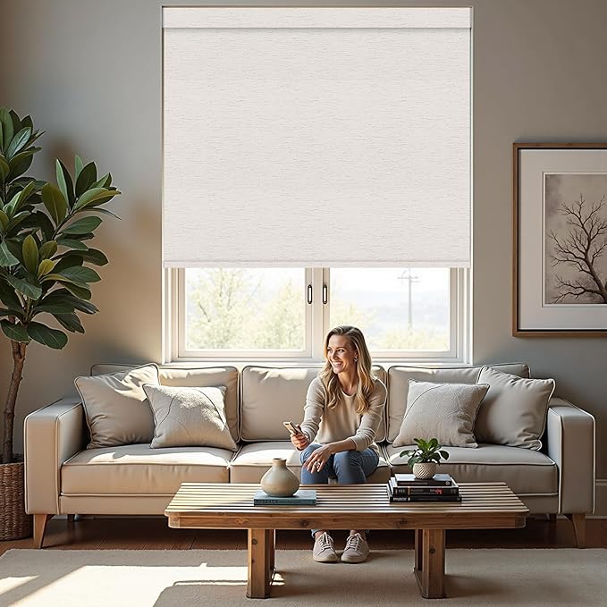 Motorized Roller Blinds with Remote, 100% Blackout Automatic Roller Shades for Bedroom, Bathroom, and Living Room, Customized Size, Lake Ripple Beige