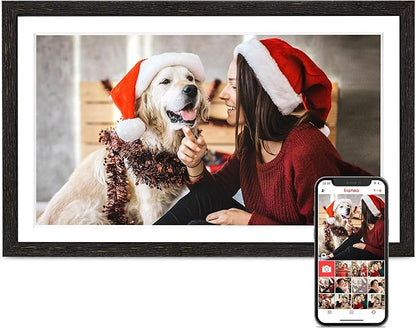 Digital Picture Frame, 15.6 Inch Frameo Digital Frame WiFi, 1920 * 1080 IPS FHD Touchscreen, 32GB, Tabletop&Wall-Mounted, Share Picture Video, Large Electric Photo Frame, Mom Gifts, Black Woodgrain