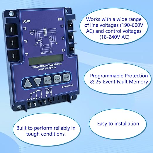 ICM450A 3-Phase Voltage Monitor with Backlit LCD, 190-600V AC, 25-Fault Memory, Programmable Relay, Replacement for ICM450A, EAC-800, PFM-2000