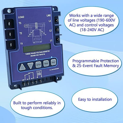 ICM450A 3-Phase Voltage Monitor with Backlit LCD, 190-600V AC, 25-Fault Memory, Programmable Relay, Replacement for ICM450A, EAC-800, PFM-2000