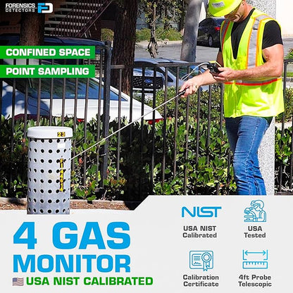 4 Gas Monitor by Forensics | Built-in Pump Multi Gas Meter | O2, CO, H2S, LEL | Color Display & Graphing | USA NIST Calibration | Computer Data Logging |