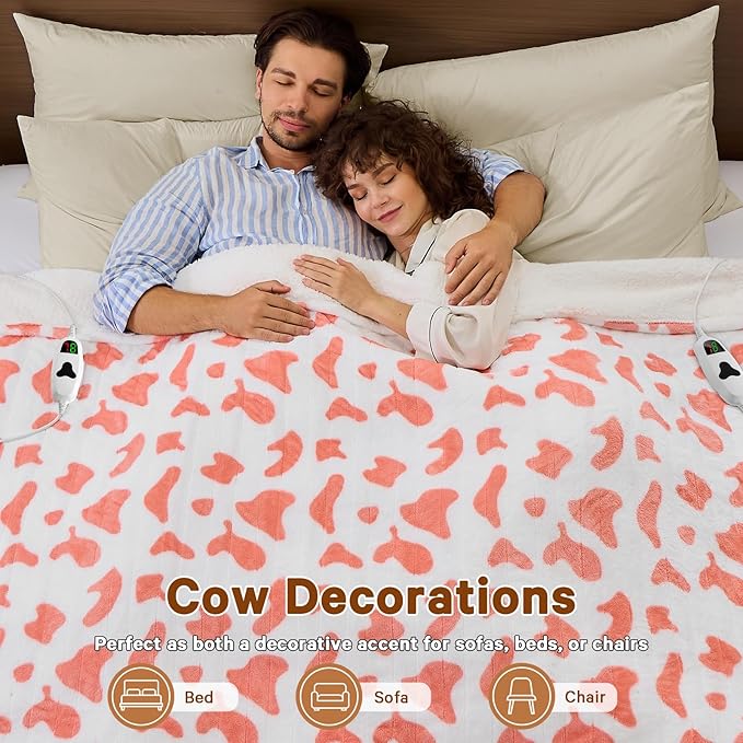 Cow Print Electric Heated Blanket Queen Size,84X90 Pink Heating Blanket Queen with Dual Control&Timer&10 Heat Levels,Cute Cow Decor Sherpa Blankets Warmer Gifts for Bed Women Adults