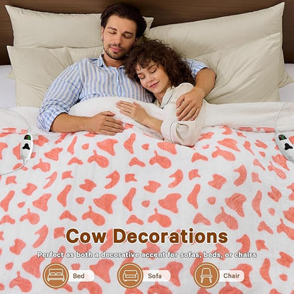 Cow Print Electric Heated Blanket Queen Size,84X90 Pink Heating Blanket Queen with Dual Control&Timer&10 Heat Levels,Cute Cow Decor Sherpa Blankets Warmer Gifts for Bed Women Adults