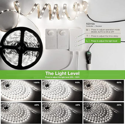 RAYZEEK Wireless Motion Activated LED Strip Lights,19.7FT LED Strip Lights with Power Adapter,RF Wireless Motion Sensor Control Dimmer,Timing,Cool White (1×Controller+2×Motion Sensor)
