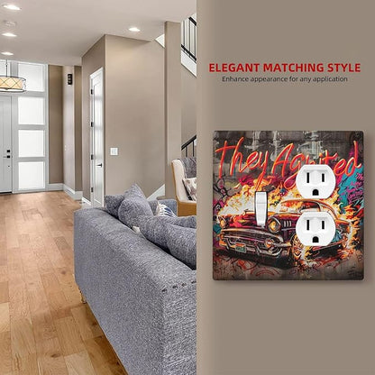 Wallplates Hip Hop Street Graffiti Flame Car 1 Toggle 1 Duplex Switch Plate Electrical GFCI Faceplate Decorative Light Switch Covers for Bedroom living Room Decor