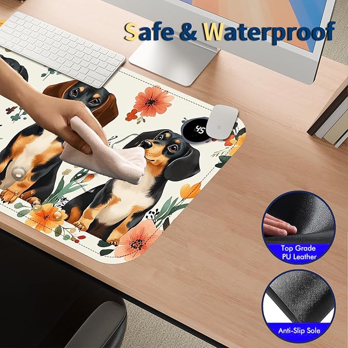 Heated Mouse Pad with 3 Temperature Settings(104°F–122°F),Large 24x14.2 Inch PU Leather Heated Desk Mat,Waterproof Warming Pad for Office,Gaming & Cold Hands Relief,Dogs and Flowers