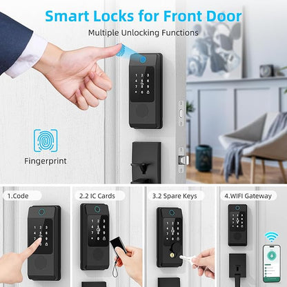 WiFi Smart Locks for Front Door with Handle Sets, Keyless Entry Door Lock Fingerprint Deadbolt, Electronic Digital Touchscreen keypad, App Control, Easy to Install (Black)