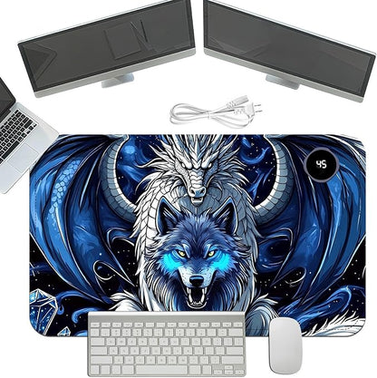 Heated Mouse Pad with 3 Temperature Settings(104°F–122°F),Large 24x14.2 Inch PU Leather Heated Desk Mat,Waterproof Warming Pad for Office,Gaming & Cold Hands Relief,Dragon and Wolf
