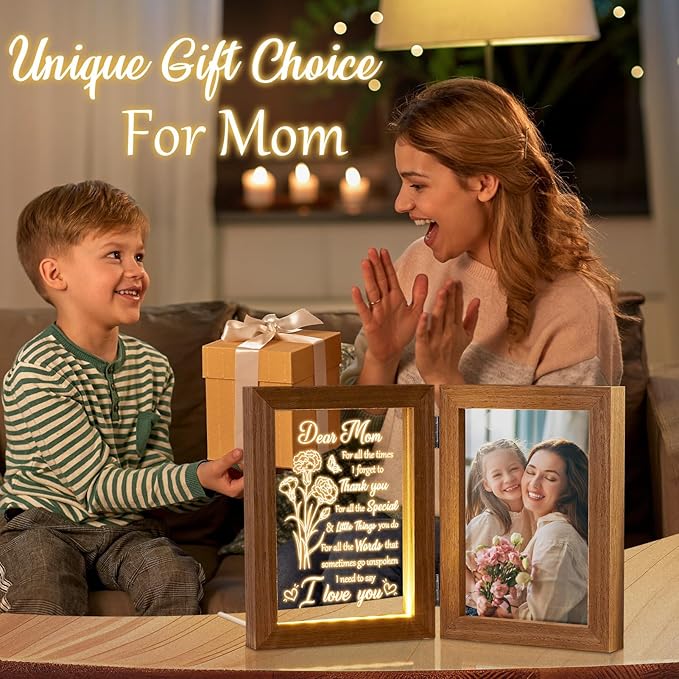 Mom Gifts from Daughters Son Unique Christmas Gifts for Mom, Engraved Night Light with Mommy Picture Frame 5x7 Solid Wood, Mother-in-Law Gift from Daughter-in-Law, Birthday New Mama Gift for Women