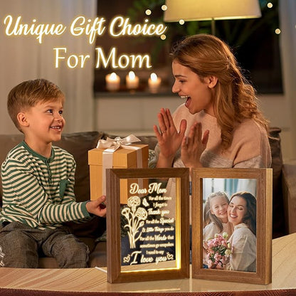Mom Gifts from Daughters Son Unique Christmas Gifts for Mom, Engraved Night Light with Mommy Picture Frame 5x7 Solid Wood, Mother-in-Law Gift from Daughter-in-Law, Birthday New Mama Gift for Women