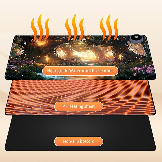 Heated Mouse Pad for Desk 31.5" x 13" – PU Leather Warm Desk Pad with 3 Heat Levels (104°F/113°F/122°F), Plug-in Electric Heating Mat with Auto Shut-Off, Waterproof & Rollable, Glowing Forest