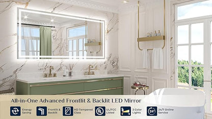 Keonjinn 72" x 36" LED Mirror with Frontlit & Backlit, Lighted Bathroom Mirror, HD Tempered Glass, Stepless Dimmable 3 Color Lights, Safe Defogger, UL-Listed, Oversized Light Up Bathroom Vanity Mirror