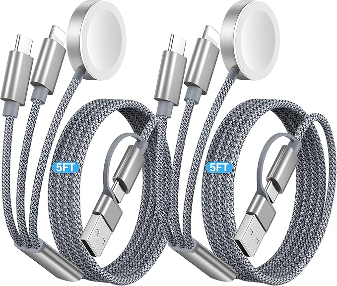 Temdan 2Pack for Apple Watch Charger, 3 in 2 Multi Charging Cable, iPhone Charger, USB A/Type C/Lightning Cable, Portable Travel Essentials Designed for iWatch Ultra/SE/11-1 & iPhone 17-12/ iPad-5Ft