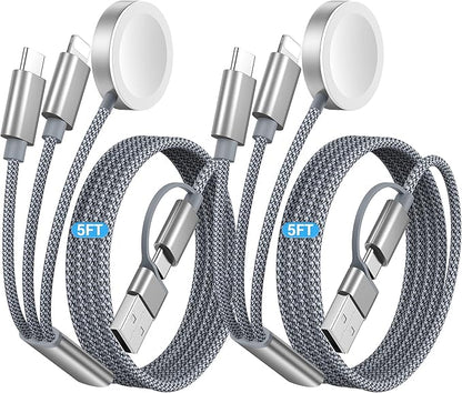 Temdan 2Pack for Apple Watch Charger, 3 in 2 Multi Charging Cable, iPhone Charger, USB A/Type C/Lightning Cable, Portable Travel Essentials Designed for iWatch Ultra/SE/11-1 & iPhone 17-12/ iPad-5Ft