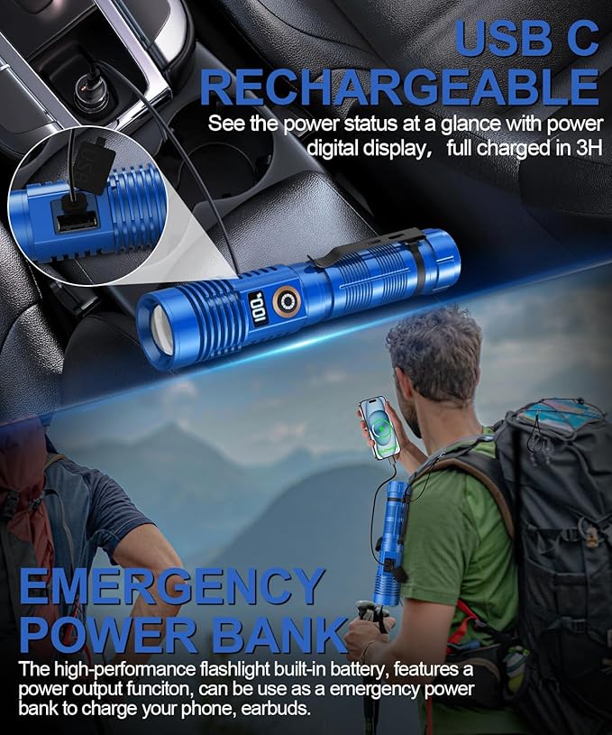 Rechargeable Flashlight High Lumens- Super Bright Magnetic Flash Light with Power Digital Display,Long Range,Dimmable,Waterproof,Pocket LED Flashlights for Emergency Camping 2PC Blue