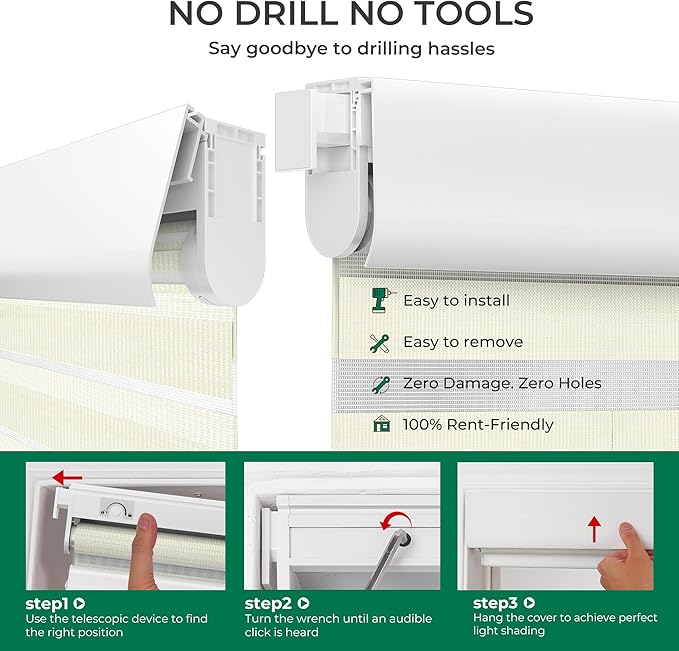 Allesin No Drill Motorized Zebra Blinds – Rechargeable Smart Dual Layer Shades with Cassette Cover, Ultra-Quiet Motor, Automatic Blind with Remote for Indoor Windows (Pearl White 46" W x 72" H)