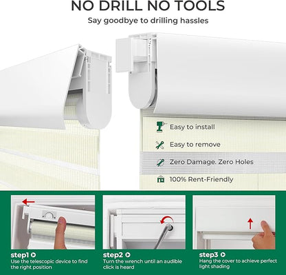 Allesin No Drill Motorized Zebra Blinds – Rechargeable Smart Dual Layer Shades with Cassette Cover, Ultra-Quiet Motor, Automatic Blind with Remote for Indoor Windows (Pearl White 30" W x 72" H)