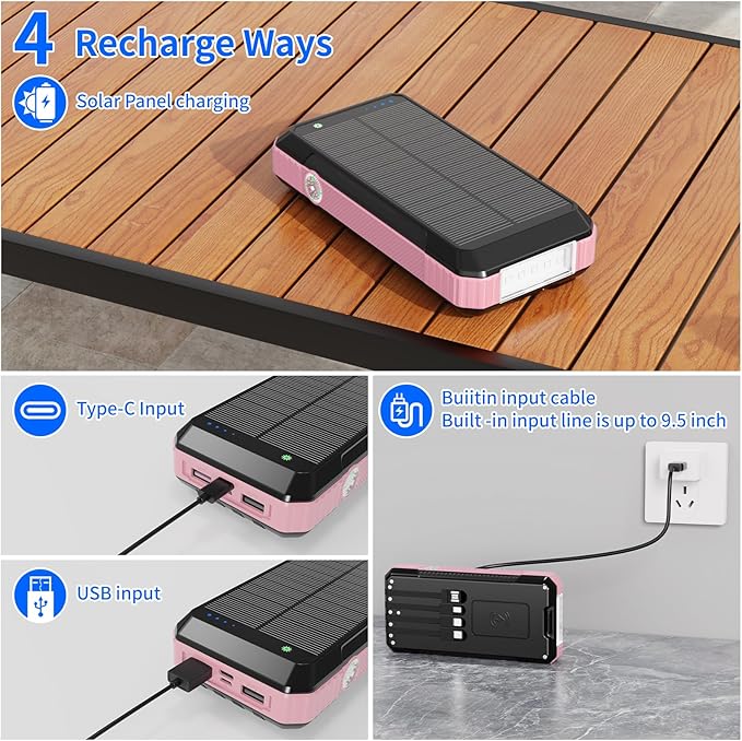 Solar Charger Power Bank 49800mAh, Portable Phone Wireless Charging Built-in 4 Cables 22.5W Fast Charging,Type-C Input/Output Port Solar Panel Charger with Flashlights&Compass for Camping（Pink