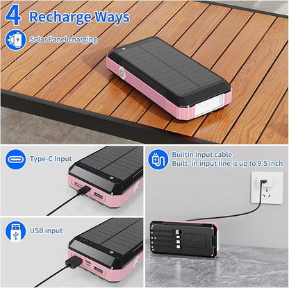 Solar Charger Power Bank 49800mAh, Portable Phone Wireless Charging Built-in 4 Cables 22.5W Fast Charging,Type-C Input/Output Port Solar Panel Charger with Flashlights&Compass for Camping（Pink