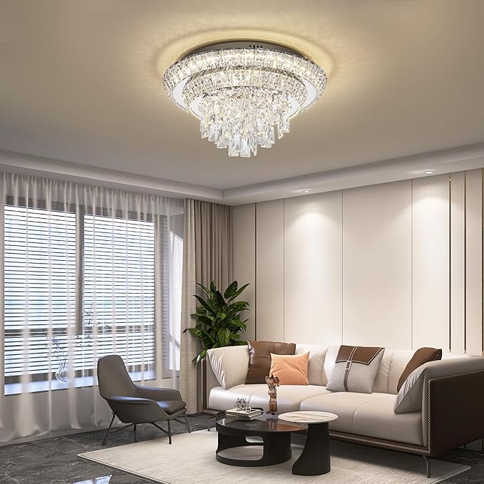 COCOSTAR 18 inch Flush Mount Crystal Chandeliers with Remote and APP, Modern Elegant LED Crystal Raindrop Ceiling Light Fixture, 3CCT Dimmable, for Living Room Kitchen Island Bedroom Entryway Foyer