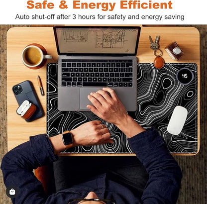 Small Heated Desk Pad 23.6" x 14.2" – Compact Electric Mouse Pad with 3 Heating Levels, Auto Shut-Off, Waterproof PU Surface, Plug-in Warmer for Office or Home Use, Topographic Lines