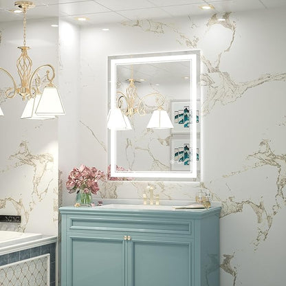 Keonjinn LED Bathroom Mirror 28" x 36", Frontlit & Backlit Bathroom Vanity Mirror with Lights, HD Tempered Glass, UL-Listed, Anti-Fog, 3 Color Lights, Dimmale, Memory Function, LED Wall Mirror