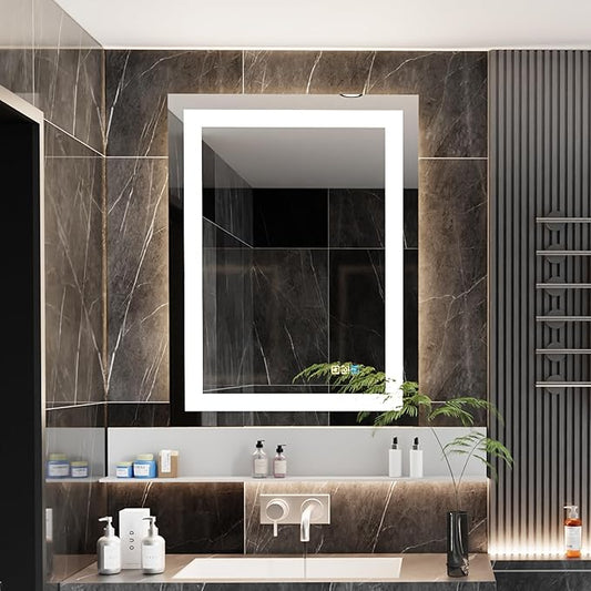 20 * 28inches LED Mirror, Smart Bathroom Mirror with Lights, Anti-Fog, Tempered Glass, 3 Colors Dimmable, Front and Backlit, CRI 90+, Wall Mounted, Memory