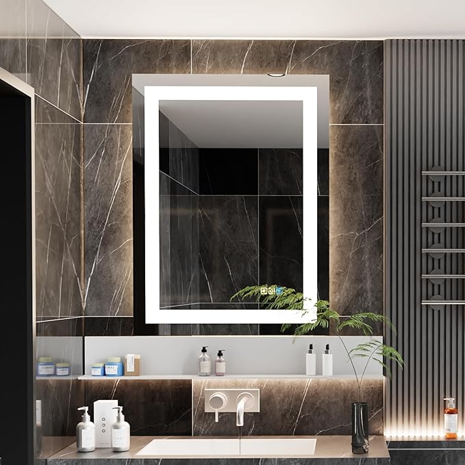 24 * 32inches LED Mirror, Smart Bathroom Mirror with Lights, Anti-Fog, Tempered Glass, 3 Colors Dimmable, Front and Backlit, CRI 90+, Wall Mounted, Memory