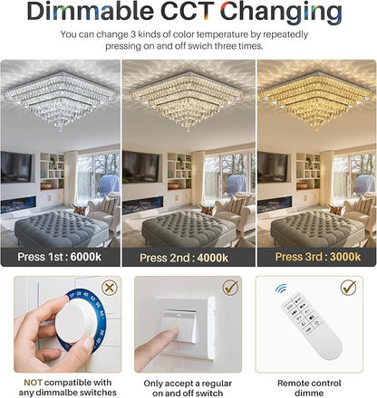 Elegant LED Crystal Raindrop Ceiling Light, 30 Inch Square Flush Mount Chandelier with Remote for Living Room Kitchen Island Bedroom Hallway Entryway Foyer (Dimmable)
